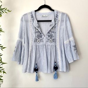 Zara embroidered floral boho chic blouse top Large
